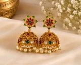Velqine Kundan Jhumka Earrings for Women | One Gram Gold Plated Traditional Jhumki with Ruby Green & White Stones - Ethnic Party Wear Jewellery
