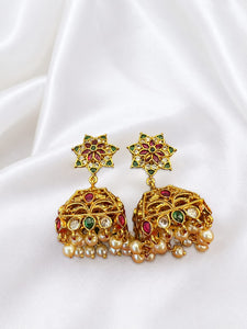 Velqine Kundan Jhumka Earrings for Women | One Gram Gold Plated Traditional Jhumki with Ruby Green & White Stones - Ethnic Party Wear Jewellery
