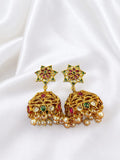 Velqine Kundan Jhumka Earrings for Women | One Gram Gold Plated Traditional Jhumki with Ruby Green & White Stones - Ethnic Party Wear Jewellery