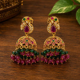 Velqine Traditional Temple Jhumka Earrings for Women | Gold Plated Ethnic Earrings with Ruby & Green Stone Work | South Indian Temple Jewelry for Wedding, Festive & Party Wear