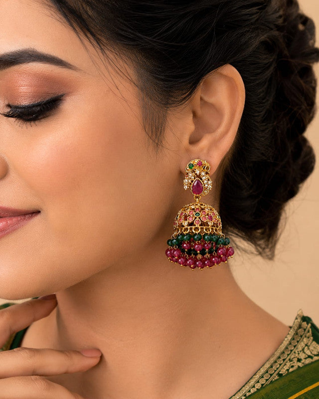 Velqine Traditional Temple Jhumka Earrings for Women | Gold Plated Ethnic Earrings with Ruby & Green Stone Work | South Indian Temple Jewelry for Wedding, Festive & Party Wear