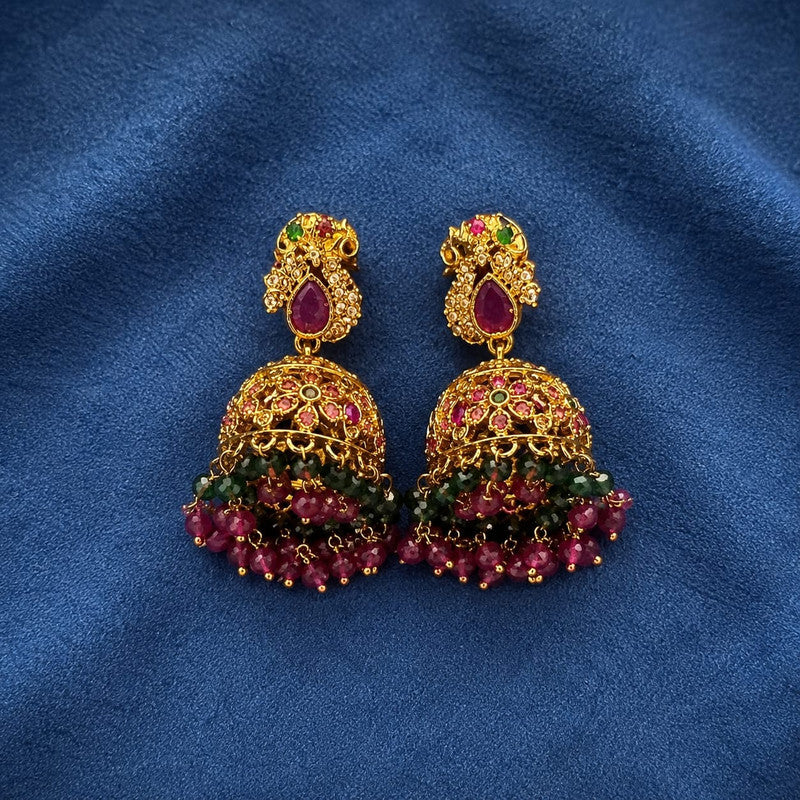 Velqine Traditional Temple Jhumka Earrings for Women | Gold Plated Ethnic Earrings with Ruby & Green Stone Work | South Indian Temple Jewelry for Wedding, Festive & Party Wear