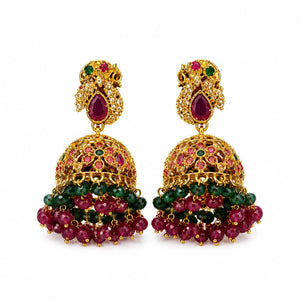 Velqine Traditional Temple Jhumka Earrings for Women | Gold Plated Ethnic Earrings with Ruby & Green Stone Work | South Indian Temple Jewelry for Wedding, Festive & Party Wear