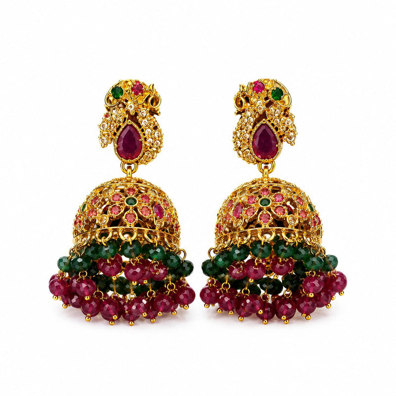 Velqine Traditional Temple Jhumka Earrings for Women | Gold Plated Ethnic Earrings with Ruby & Green Stone Work | South Indian Temple Jewelry for Wedding, Festive & Party Wear