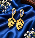 Anti Tarnish Leaf Drop Earrings for Women | Gold Plated Crystal Stone Dangle Earrings | Lightweight Party Wear, Wedding, Festive & Western Jewelry