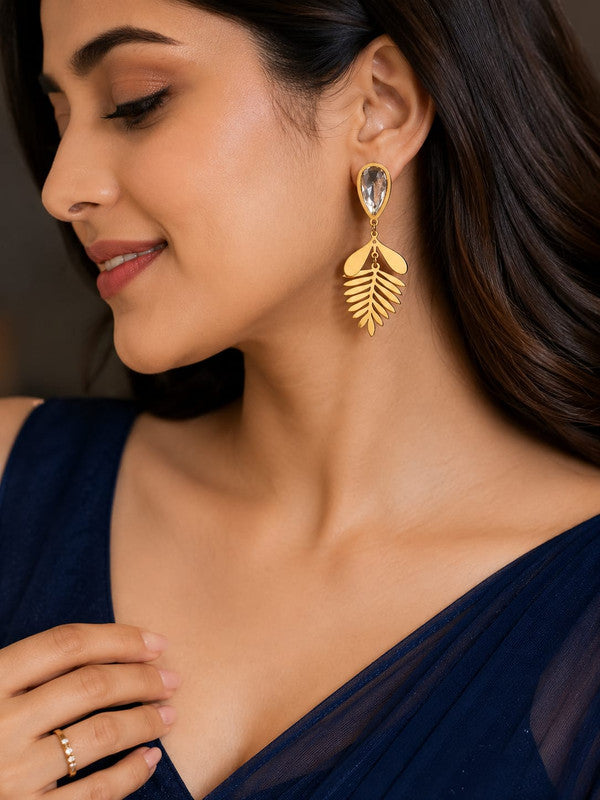 Anti Tarnish Leaf Drop Earrings for Women | Gold Plated Crystal Stone Dangle Earrings | Lightweight Party Wear, Wedding, Festive & Western Jewelry