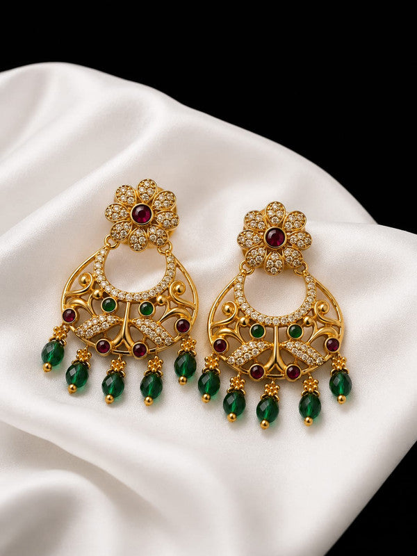 Floral Chandbali Drop Earrings for Women & Girls | Gold Plated American Diamond & Green Bead Ethnic Earrings | Traditional Wedding, Festive & Party Wear Jewelry