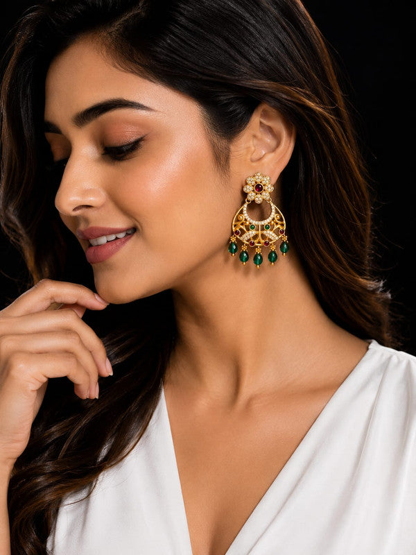 Floral Chandbali Drop Earrings for Women & Girls | Gold Plated American Diamond & Green Bead Ethnic Earrings | Traditional Wedding, Festive & Party Wear Jewelry