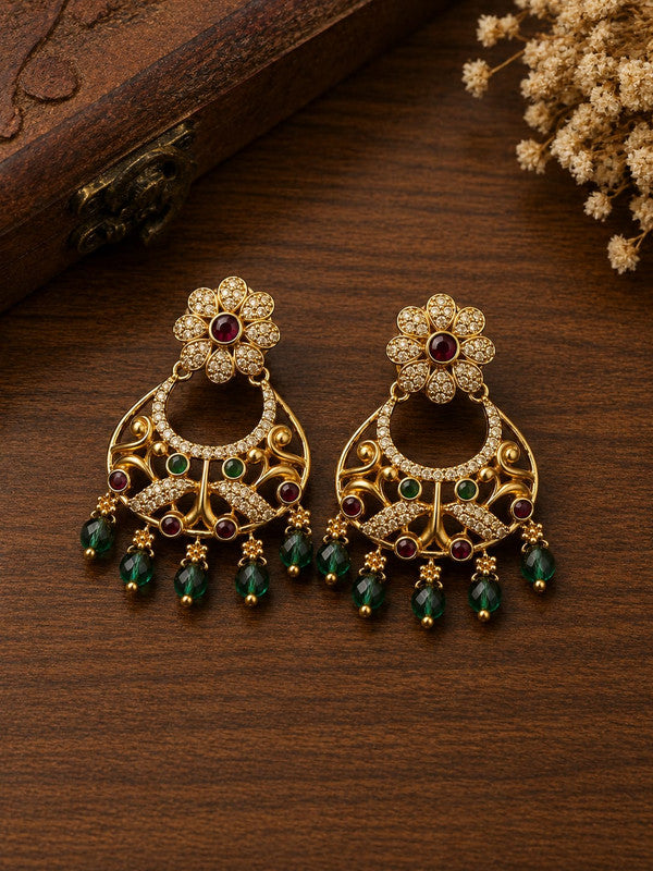 Floral Chandbali Drop Earrings for Women & Girls | Gold Plated American Diamond & Green Bead Ethnic Earrings | Traditional Wedding, Festive & Party Wear Jewelry