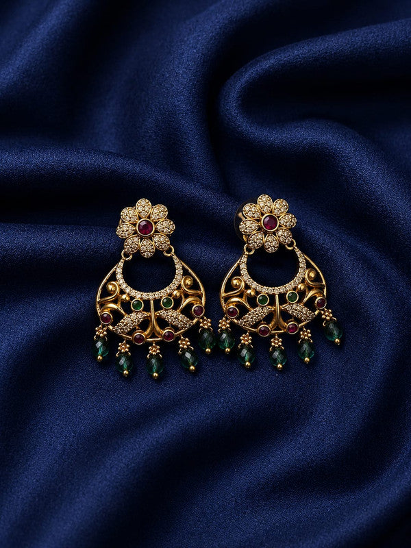 Floral Chandbali Drop Earrings for Women & Girls | Gold Plated American Diamond & Green Bead Ethnic Earrings | Traditional Wedding, Festive & Party Wear Jewelry