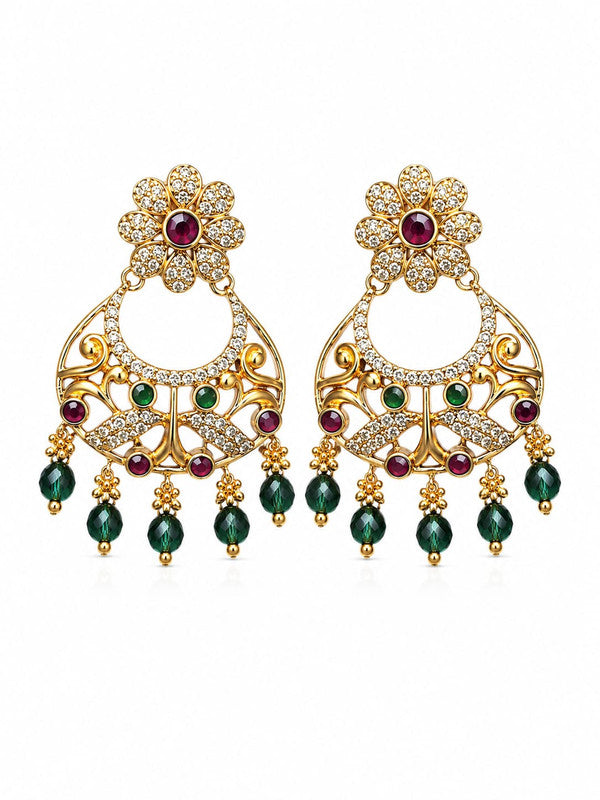 Floral Chandbali Drop Earrings for Women & Girls | Gold Plated American Diamond & Green Bead Ethnic Earrings | Traditional Wedding, Festive & Party Wear Jewelry