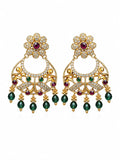 Floral Chandbali Drop Earrings for Women & Girls | Gold Plated American Diamond & Green Bead Ethnic Earrings | Traditional Wedding, Festive & Party Wear Jewelry