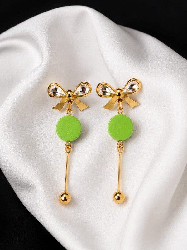 Green Bow Drop Earrings for Women | Gold Plated Crystal Bow Stud Earrings with Green Acrylic Disc | Lightweight Long Dangle Earrings | Fashion Jewelry for Party Casual Office Wear | Gift for Girls
