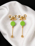 Green Bow Drop Earrings for Women | Gold Plated Crystal Bow Stud Earrings with Green Acrylic Disc | Lightweight Long Dangle Earrings | Fashion Jewelry for Party Casual Office Wear | Gift for Girls