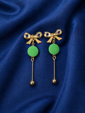 Green Bow Drop Earrings for Women | Gold Plated Crystal Bow Stud Earrings with Green Acrylic Disc | Lightweight Long Dangle Earrings | Fashion Jewelry for Party Casual Office Wear | Gift for Girls