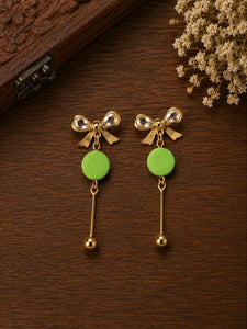 Green Bow Drop Earrings for Women | Gold Plated Crystal Bow Stud Earrings with Green Acrylic Disc | Lightweight Long Dangle Earrings | Fashion Jewelry for Party Casual Office Wear | Gift for Girls