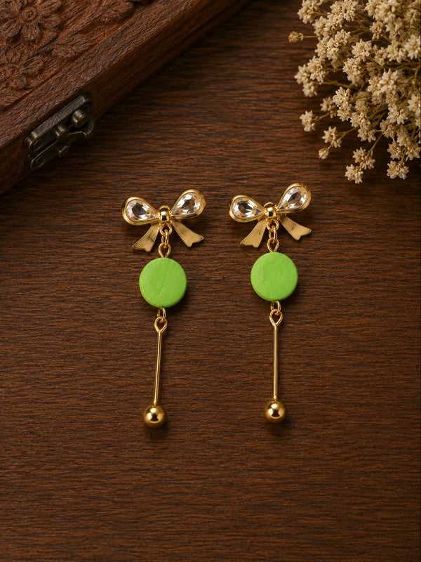 Green Bow Drop Earrings for Women | Gold Plated Crystal Bow Stud Earrings with Green Acrylic Disc | Lightweight Long Dangle Earrings | Fashion Jewelry for Party Casual Office Wear | Gift for Girls