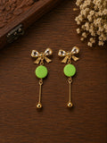 Green Bow Drop Earrings for Women | Gold Plated Crystal Bow Stud Earrings with Green Acrylic Disc | Lightweight Long Dangle Earrings | Fashion Jewelry for Party Casual Office Wear | Gift for Girls