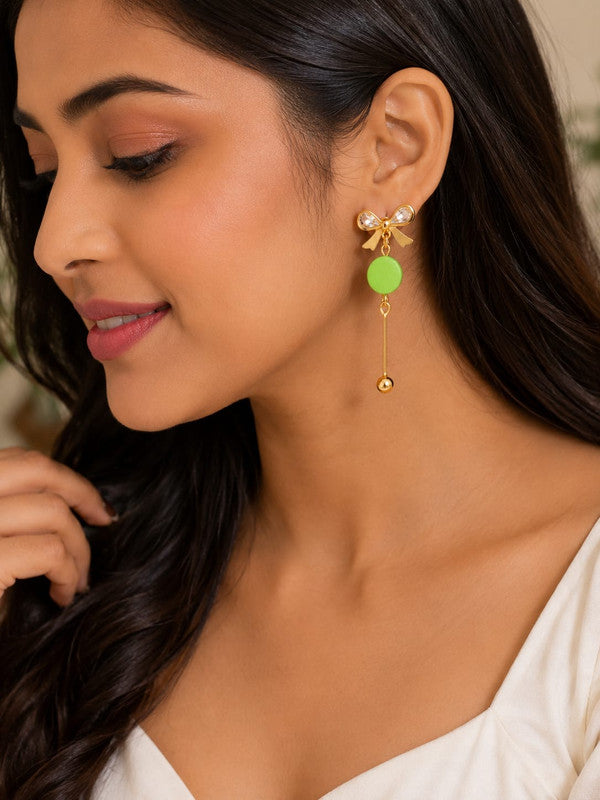 Green Bow Drop Earrings for Women | Gold Plated Crystal Bow Stud Earrings with Green Acrylic Disc | Lightweight Long Dangle Earrings | Fashion Jewelry for Party Casual Office Wear | Gift for Girls