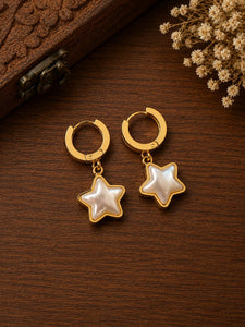 Star Charm Hoop Earrings for Women & Girls | Gold Plated Mother of Pearl Star Pendant Hoops | Lightweight Minimalist Fashion Jewelry for Casual, Party, Office & Festive Wear