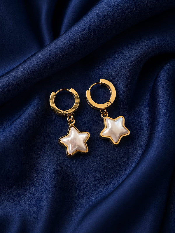 Star Charm Hoop Earrings for Women & Girls | Gold Plated Mother of Pearl Star Pendant Hoops | Lightweight Minimalist Fashion Jewelry for Casual, Party, Office & Festive Wear