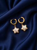 Star Charm Hoop Earrings for Women & Girls | Gold Plated Mother of Pearl Star Pendant Hoops | Lightweight Minimalist Fashion Jewelry for Casual, Party, Office & Festive Wear