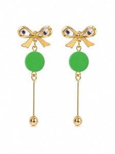 Green Bow Drop Earrings for Women | Gold Plated Crystal Bow Stud Earrings with Green Acrylic Disc | Lightweight Long Dangle Earrings | Fashion Jewelry for Party Casual Office Wear | Gift for Girls