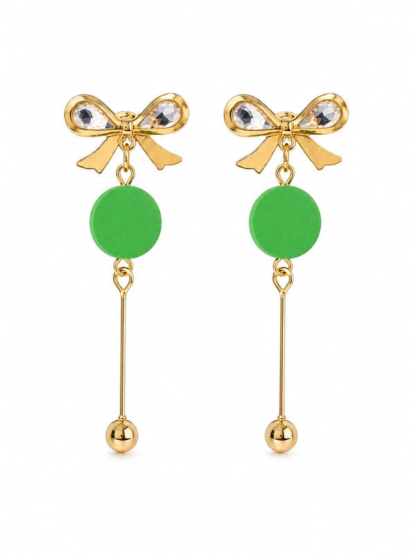 Green Bow Drop Earrings for Women | Gold Plated Crystal Bow Stud Earrings with Green Acrylic Disc | Lightweight Long Dangle Earrings | Fashion Jewelry for Party Casual Office Wear | Gift for Girls
