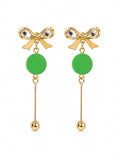 Green Bow Drop Earrings for Women | Gold Plated Crystal Bow Stud Earrings with Green Acrylic Disc | Lightweight Long Dangle Earrings | Fashion Jewelry for Party Casual Office Wear | Gift for Girls