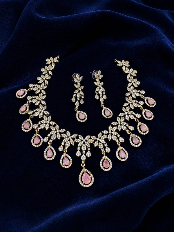 Velqine Pink Crystal Floral Necklace Set for Women | Gold-Plated AD Stone Jewellery Set with Matching Earrings | Bridal, Wedding & Party Wear Necklace Set