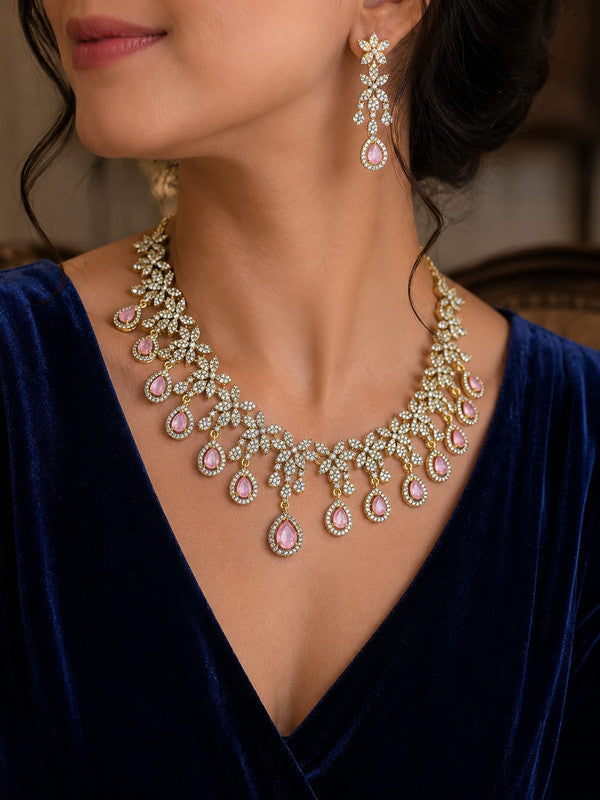 Velqine Pink Crystal Floral Necklace Set for Women | Gold-Plated AD Stone Jewellery Set with Matching Earrings | Bridal, Wedding & Party Wear Necklace Set