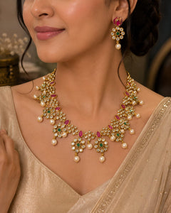 Velqine Royal Pearl & Kundan Necklace Set for Women | Gold-Tone Traditional Jewellery Set with Ruby Pink & Emerald Green Stones | Bridal Wedding Festive Party Wear Necklace with Matching Earrings