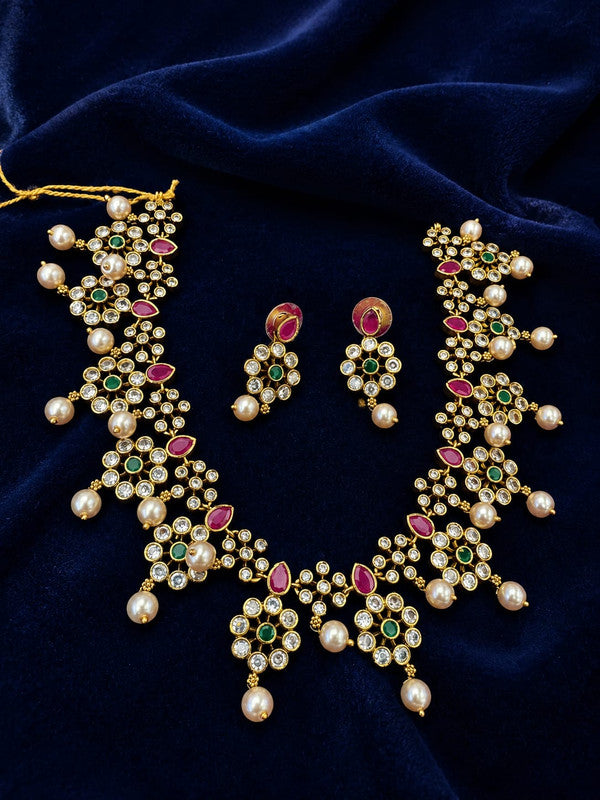 Velqine Royal Pearl & Kundan Necklace Set for Women | Gold-Tone Traditional Jewellery Set with Ruby Pink & Emerald Green Stones | Bridal Wedding Festive Party Wear Necklace with Matching Earrings