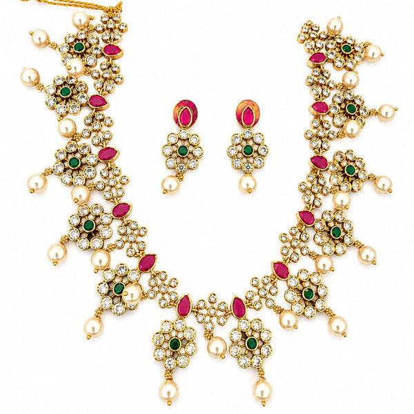 Velqine Royal Pearl & Kundan Necklace Set for Women | Gold-Tone Traditional Jewellery Set with Ruby Pink & Emerald Green Stones | Bridal Wedding Festive Party Wear Necklace with Matching Earrings
