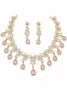 Velqine Pink Crystal Floral Necklace Set for Women | Gold-Plated AD Stone Jewellery Set with Matching Earrings | Bridal, Wedding & Party Wear Necklace Set