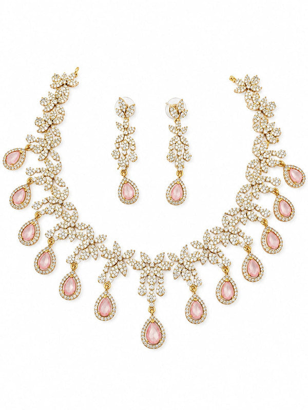 Velqine Pink Crystal Floral Necklace Set for Women | Gold-Plated AD Stone Jewellery Set with Matching Earrings | Bridal, Wedding & Party Wear Necklace Set