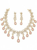 Velqine Pink Crystal Floral Necklace Set for Women | Gold-Plated AD Stone Jewellery Set with Matching Earrings | Bridal, Wedding & Party Wear Necklace Set