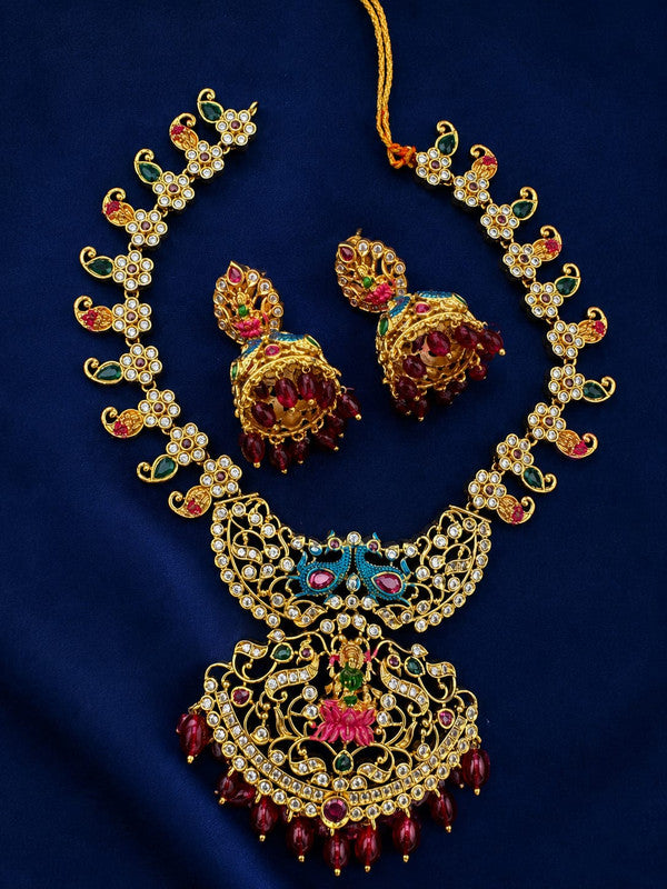 Velqine Peacock Temple Necklace Set for Women | Gold Plated Traditional Temple Jewellery Set with AD Stones, Lakshmi Pendant & Matching Jhumka Earrings | Wedding & Festive Wear