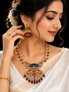 Velqine Peacock Temple Necklace Set for Women | Gold Plated Traditional Temple Jewellery Set with AD Stones, Lakshmi Pendant & Matching Jhumka Earrings | Wedding & Festive Wear