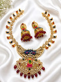 Velqine Peacock Temple Necklace Set for Women | Gold Plated Traditional Temple Jewellery Set with AD Stones, Lakshmi Pendant & Matching Jhumka Earrings | Wedding & Festive Wear
