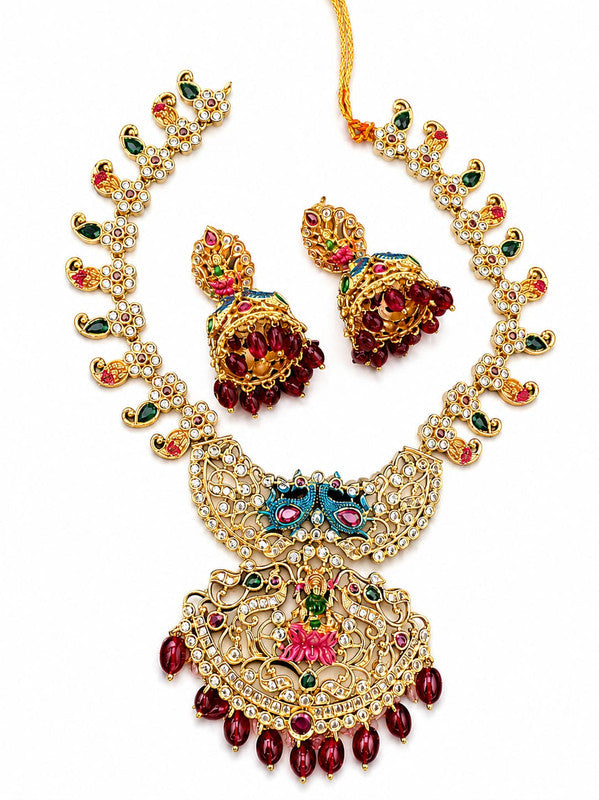 Velqine Peacock Temple Necklace Set for Women | Gold Plated Traditional Temple Jewellery Set with AD Stones, Lakshmi Pendant & Matching Jhumka Earrings | Wedding & Festive Wear