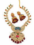 Velqine Peacock Temple Necklace Set for Women | Gold Plated Traditional Temple Jewellery Set with AD Stones, Lakshmi Pendant & Matching Jhumka Earrings | Wedding & Festive Wear