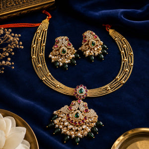Velqine Royal Temple Pendant Necklace Set for Women | Gold-Plated Traditional Jewellery Set with AD Stones, Kundan Stones & Artificial Pearls | Ruby Pink & Emerald Green | Includes Matching Earrings