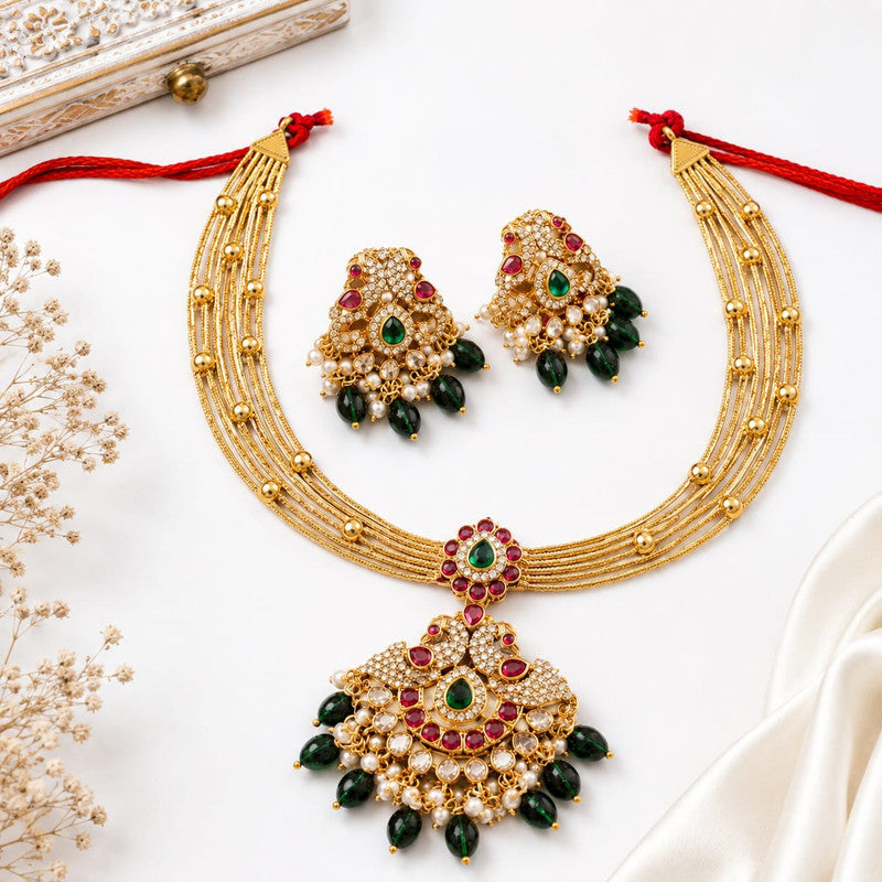 Velqine Royal Temple Pendant Necklace Set for Women | Gold-Plated Traditional Jewellery Set with AD Stones, Kundan Stones & Artificial Pearls | Ruby Pink & Emerald Green | Includes Matching Earrings