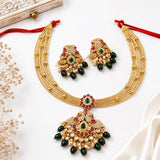 Velqine Royal Temple Pendant Necklace Set for Women | Gold-Plated Traditional Jewellery Set with AD Stones, Kundan Stones & Artificial Pearls | Ruby Pink & Emerald Green | Includes Matching Earrings