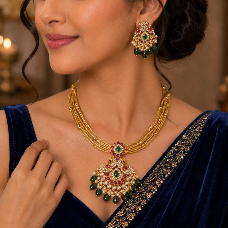 Velqine Royal Temple Pendant Necklace Set for Women | Gold-Plated Traditional Jewellery Set with AD Stones, Kundan Stones & Artificial Pearls | Ruby Pink & Emerald Green | Includes Matching Earrings