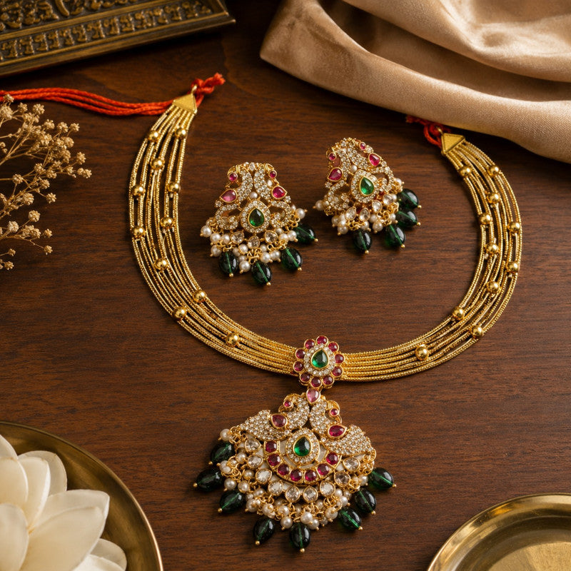 Velqine Royal Temple Pendant Necklace Set for Women | Gold-Plated Traditional Jewellery Set with AD Stones, Kundan Stones & Artificial Pearls | Ruby Pink & Emerald Green | Includes Matching Earrings