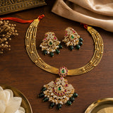 Velqine Royal Temple Pendant Necklace Set for Women | Gold-Plated Traditional Jewellery Set with AD Stones, Kundan Stones & Artificial Pearls | Ruby Pink & Emerald Green | Includes Matching Earrings