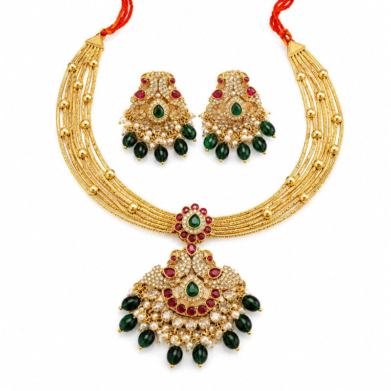 Velqine Royal Temple Pendant Necklace Set for Women | Gold-Plated Traditional Jewellery Set with AD Stones, Kundan Stones & Artificial Pearls | Ruby Pink & Emerald Green | Includes Matching Earrings