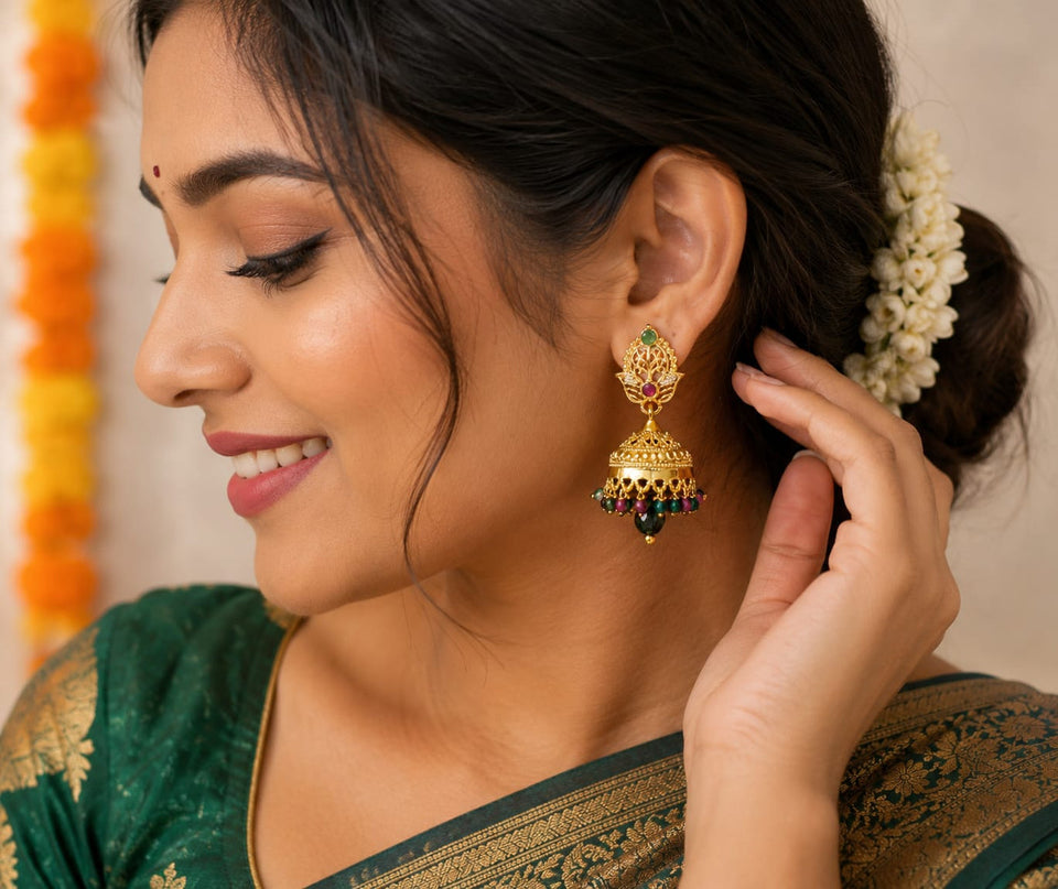 Traditional Gold Plated CZ Stone Jhumka Earrings for Women | Green Ruby White Stone Ethnic Drop Earrings | Lightweight Bridal Wedding Festival Jewellery